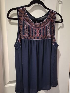 Forever 21 Navy Sleeveless Top with Pink and Tan Embroidered Yoke